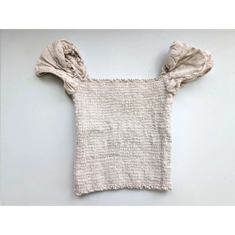 Reformation Juliet Top Linen Smocked Sweetheart Puff Sleeve Crop Blouse Size S